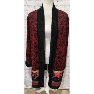 CHICO'S Red Patchwork Duster Jacquard Velvet Lace Open Front Cardigan 2/L/12